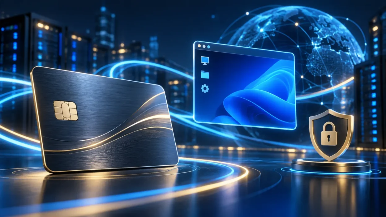 A credit card sits beside a glowing remote desktop window and security shield.