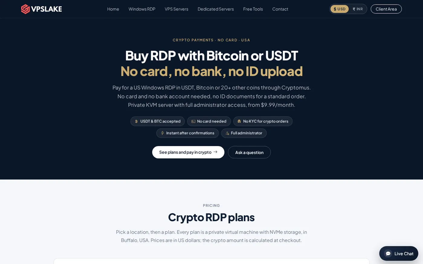 VPSLake’s crypto payment page showing the path from a plan to checkout.