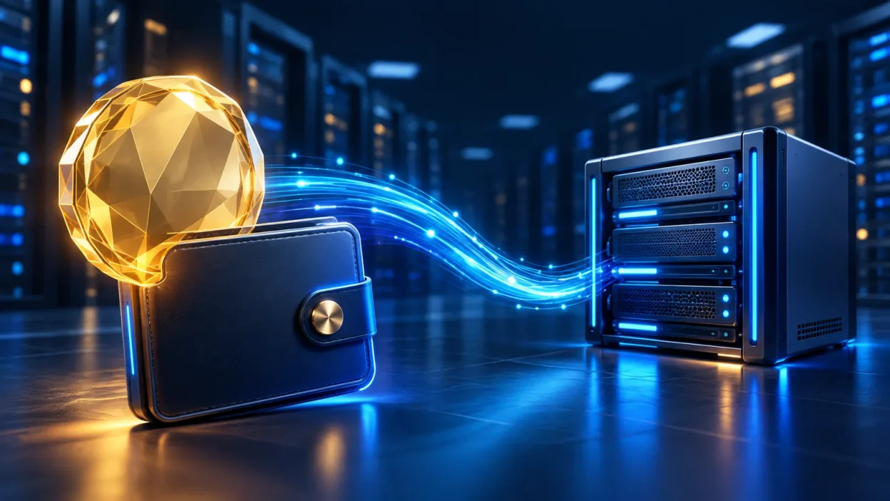 A glowing cryptocurrency wallet connects to a secure server through blue network trails.