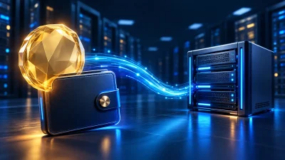 A glowing cryptocurrency wallet connects to a secure server through blue network trails.