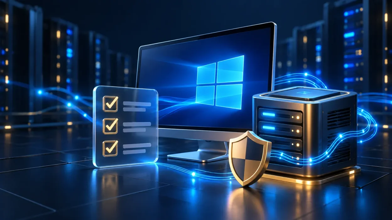 A secure Windows VPS concept with a desktop window, server cube, checklist, and network shield on a dark blue background.