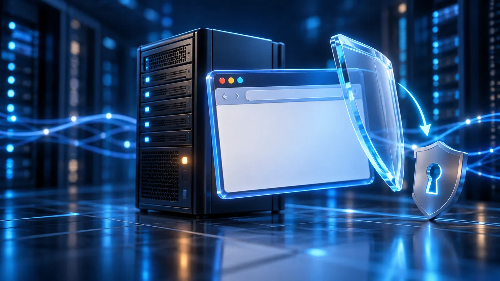 A Windows server interface beside a browser shield and glowing blue network lines.