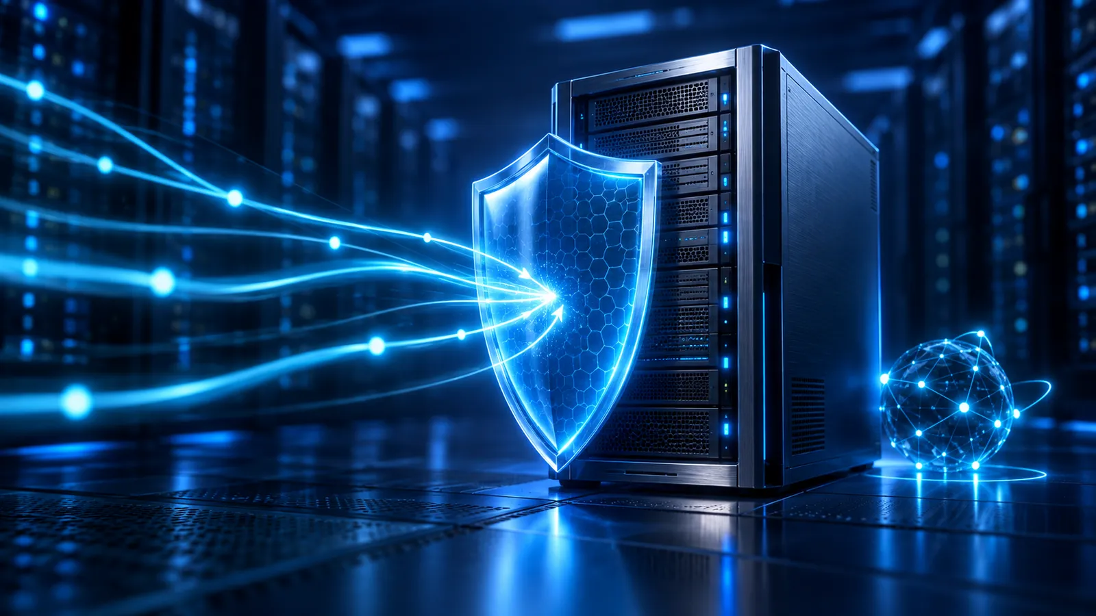 A glowing firewall shield protects a Windows server while cyan network pulses move toward it.