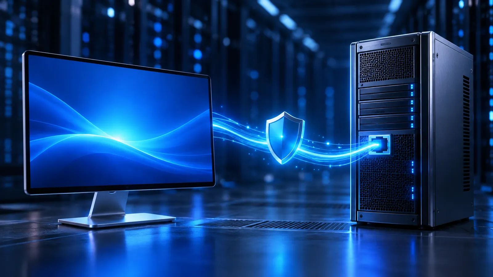A polished 3D Windows server tower connects to a remote desktop through a glowing blue network path.