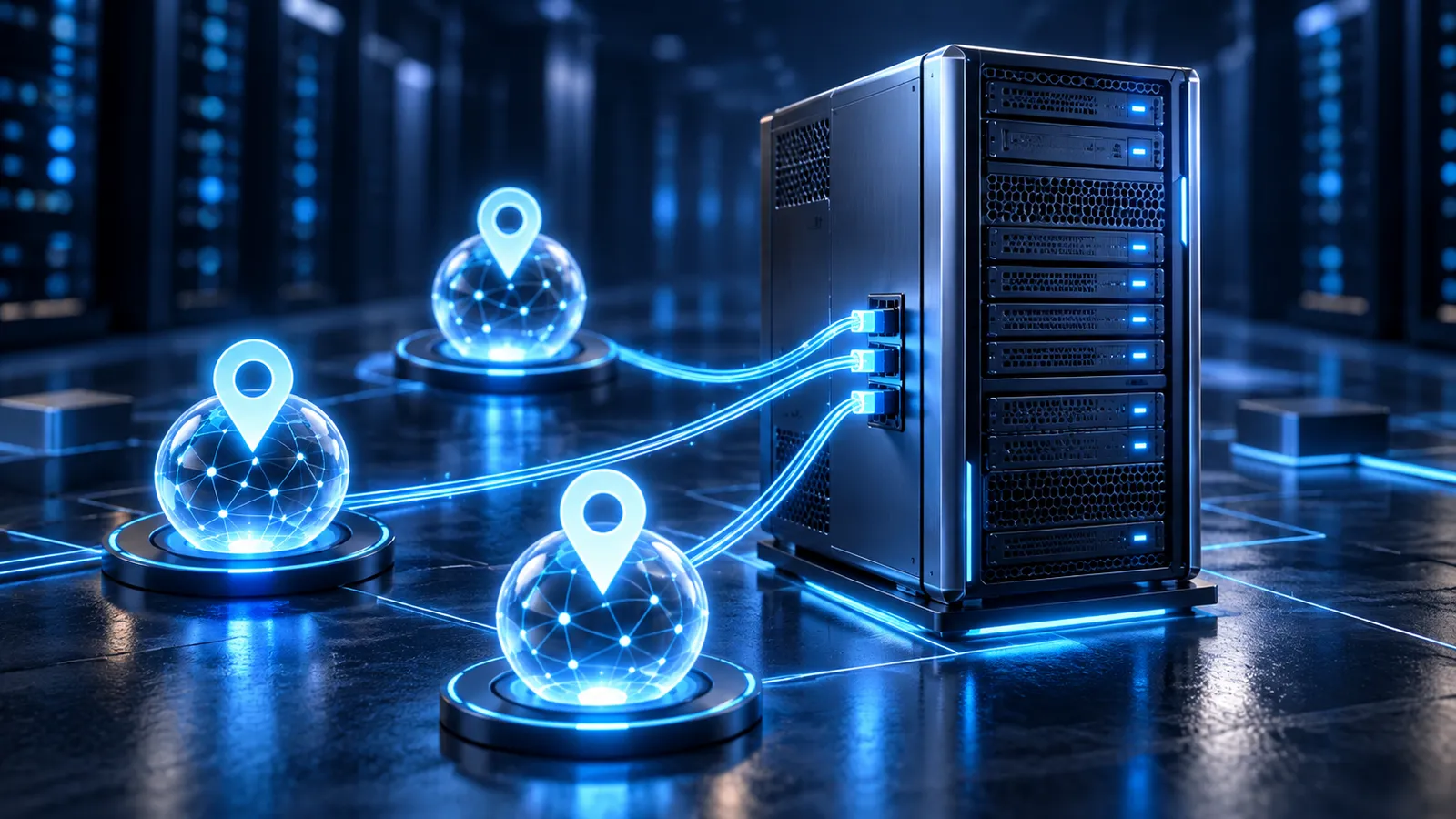 A polished 3D Windows server connects several glowing cyan network addresses through one adapter.