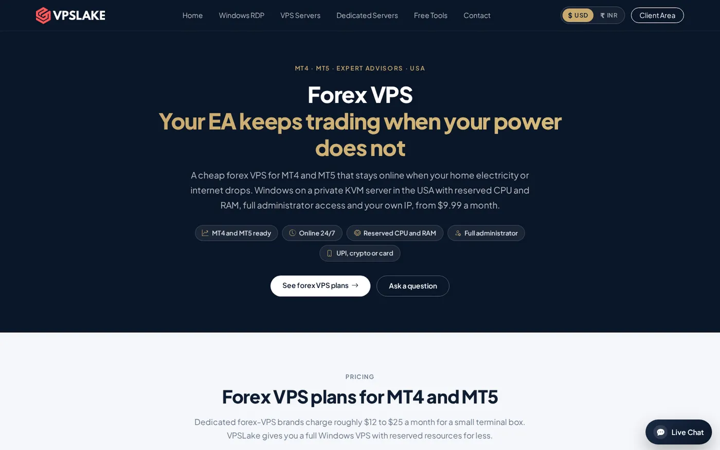 VPSLake's Forex VPS page with the Buffalo MT4/MT5 option.
