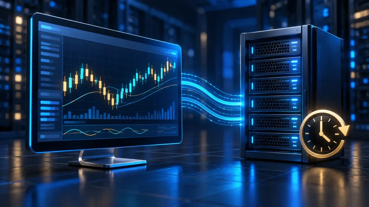 A glowing MT4 trading terminal, server rack, and forex chart on a dark blue background.