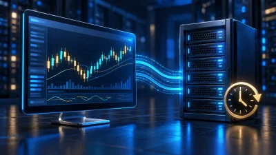 A glowing MT4 trading terminal, server rack, and forex chart on a dark blue background.