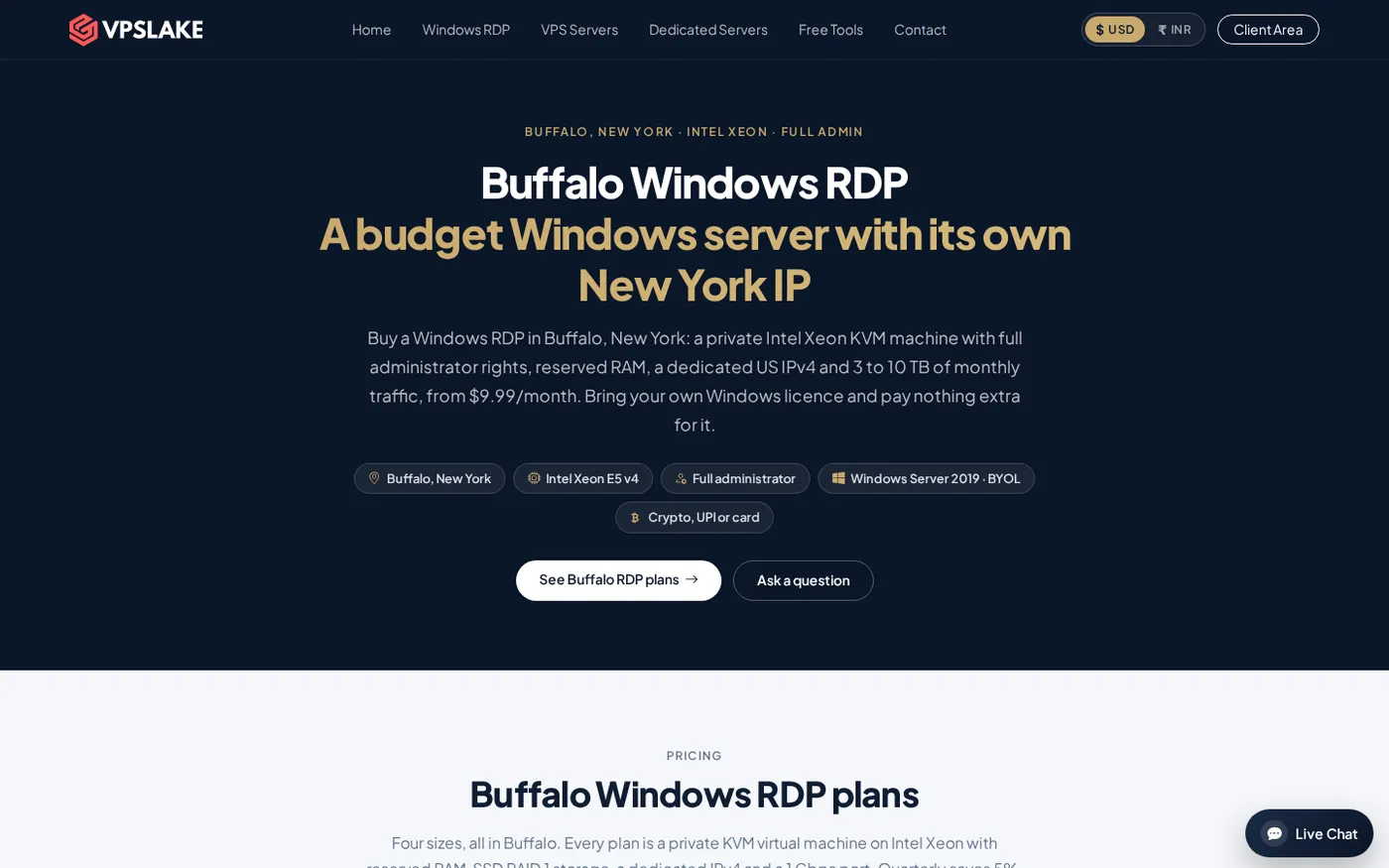 Buffalo Windows RDP plan table showing the private VM specifications.
