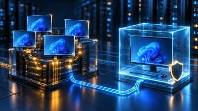 A polished 3D illustration showing a private remote desktop separated from a crowded shared server.