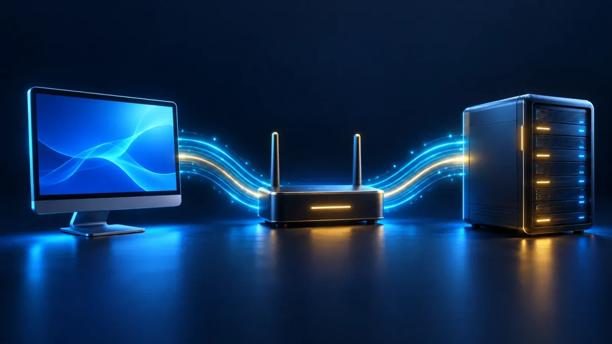 A glowing remote desktop window connected through a router to a secure server.