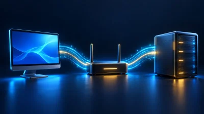 A glowing remote desktop window connected through a router to a secure server.