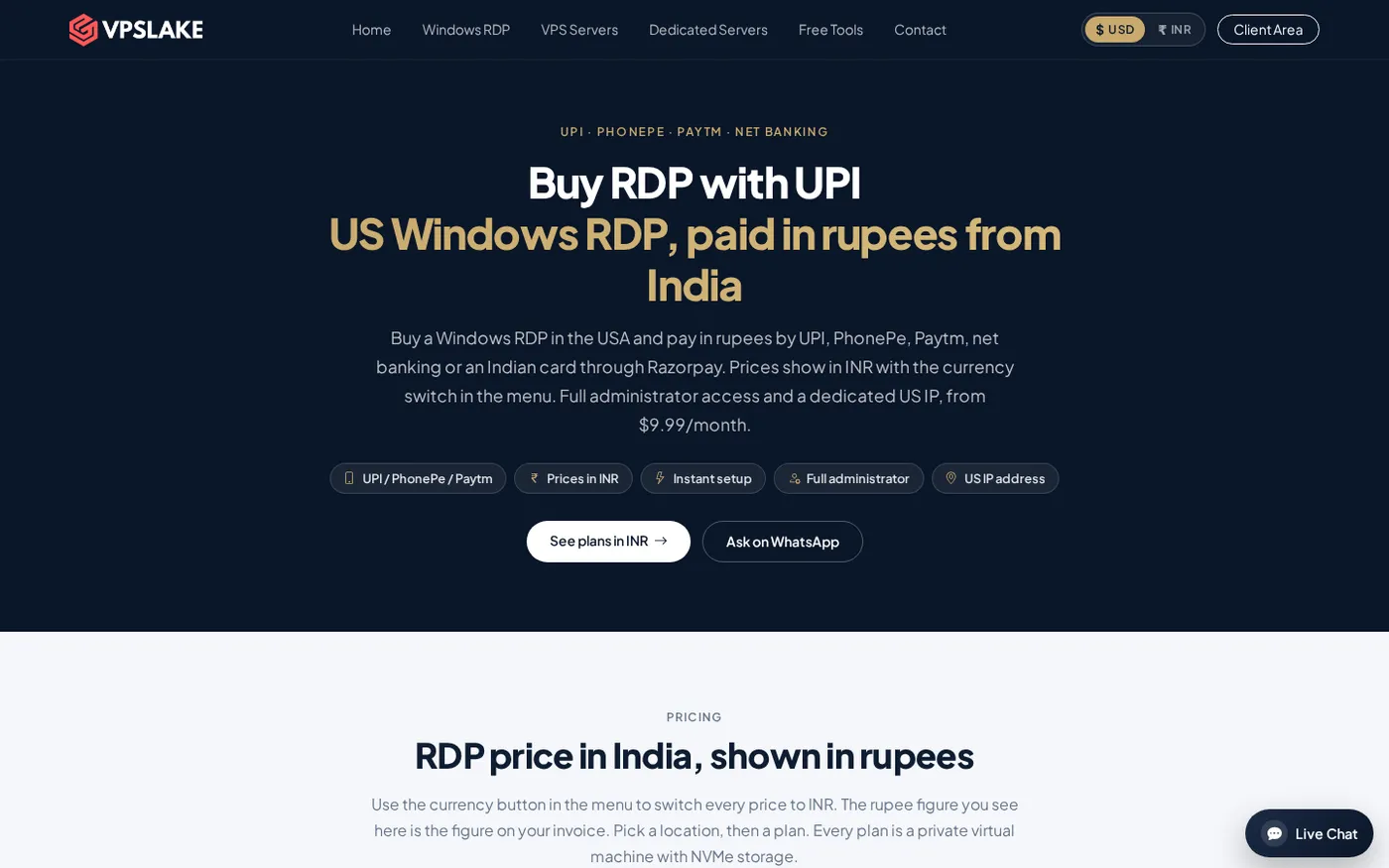 VPSLake’s public UPI page showing INR pricing and payment options.