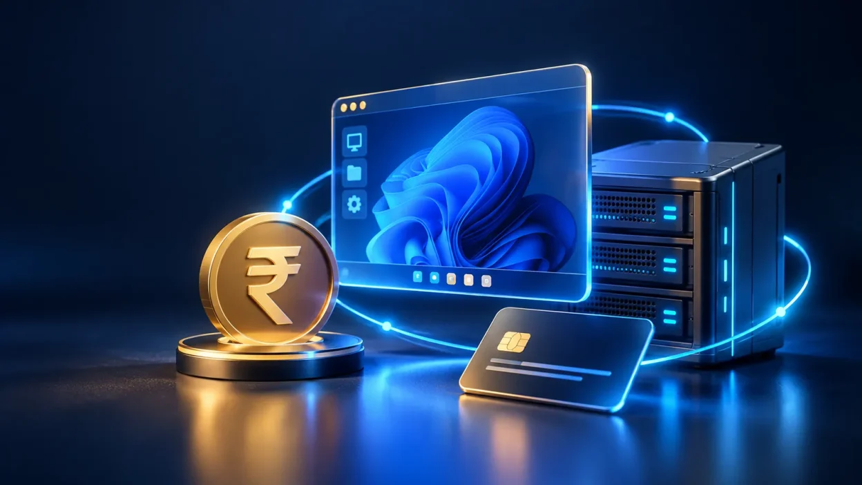 A polished 3D illustration of a remote desktop window, rupee coin and server connected by blue light trails.