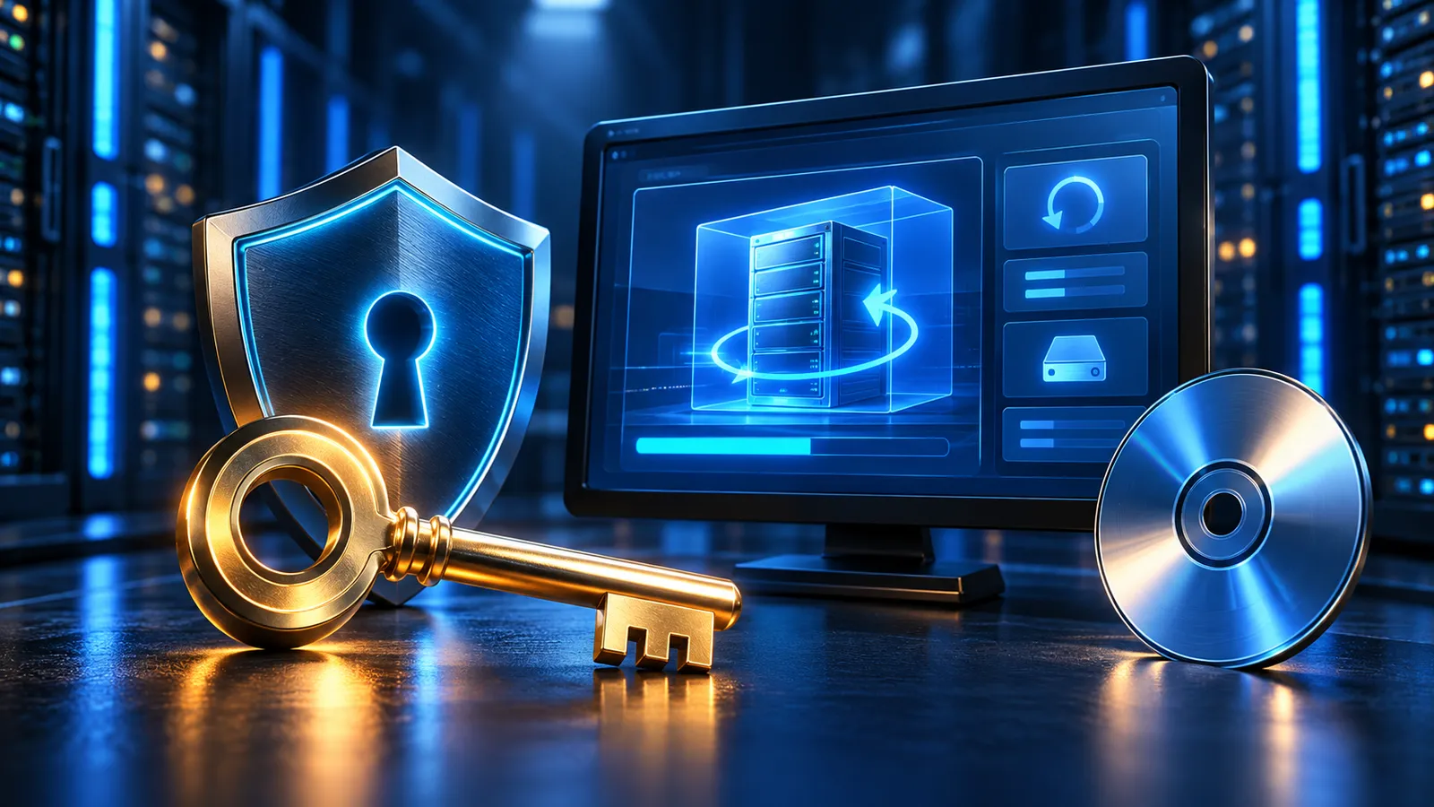 A glowing key and shield sit beside a Windows recovery console and virtual server disc.