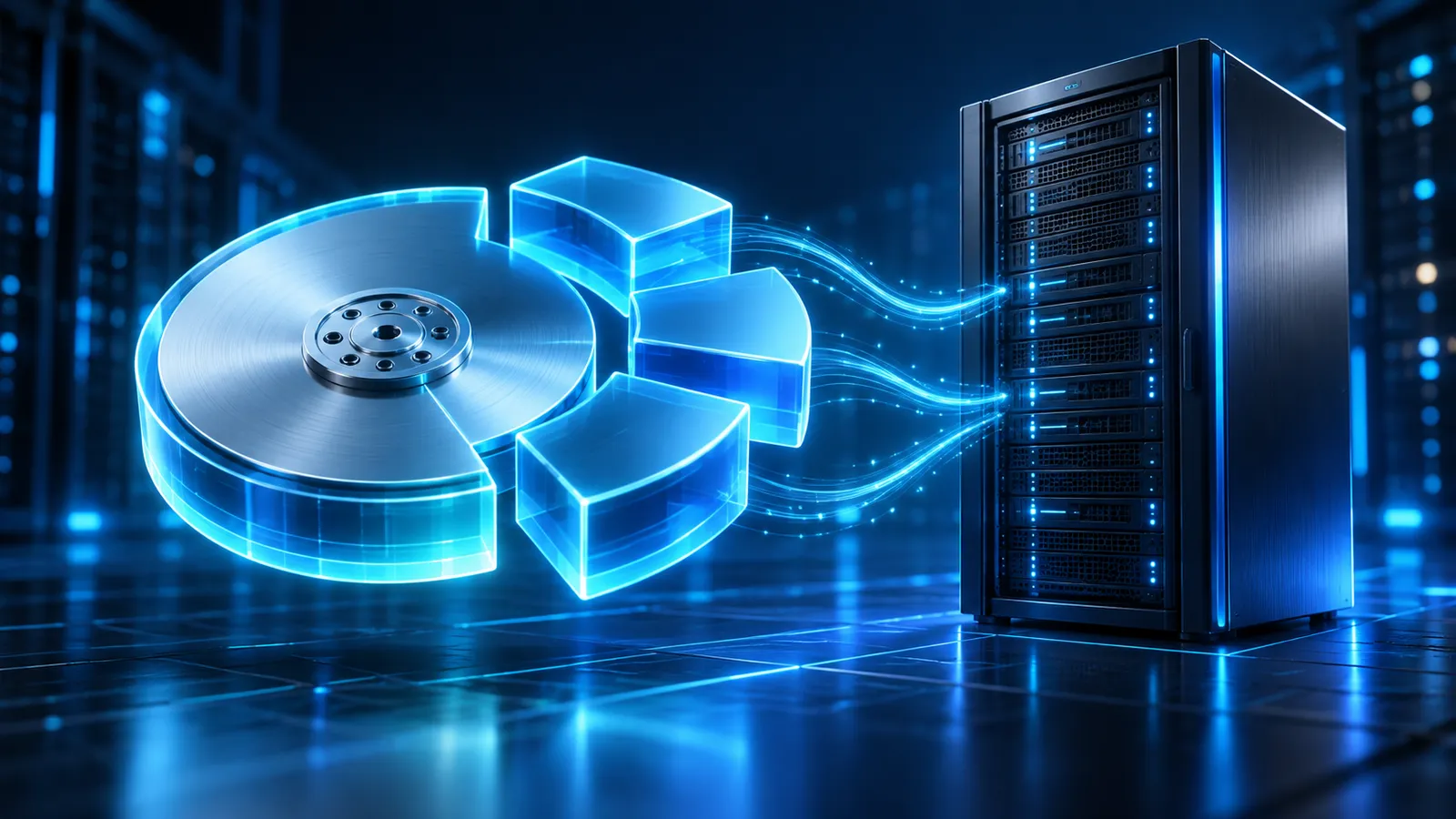 A glowing Windows server disk and partition blocks expand on a dark blue background.