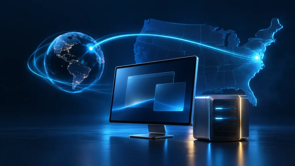 A remote desktop monitor and server connected by a glowing route to the east coast of the United States.