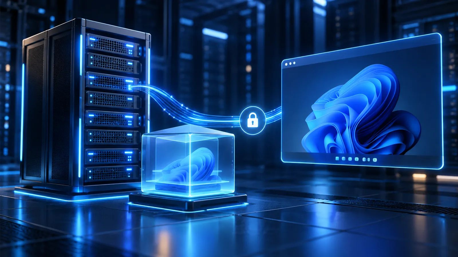 A glowing Windows-style desktop panel connects to a virtualized server through a secure blue network link.