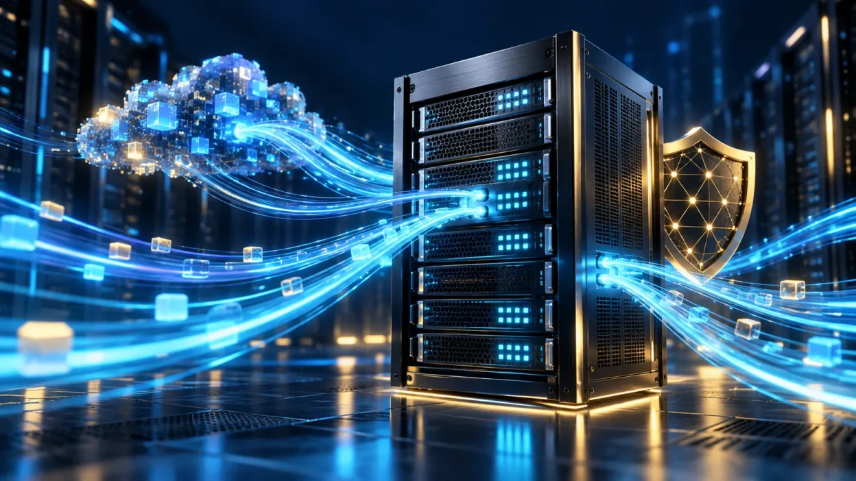 A dedicated rack server sends bright blue data trails across a dark data center.