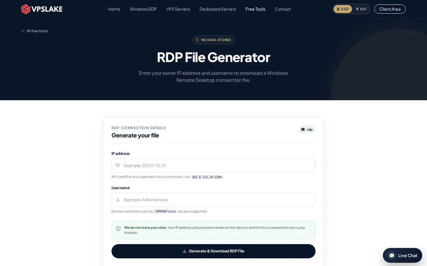 The RDP file generator can prefill a server address and custom port in an RDP connection file.