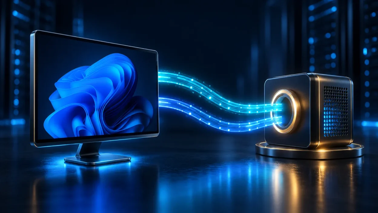 A blue remote desktop monitor sends glowing network paths to a gold-accented server on a navy background.