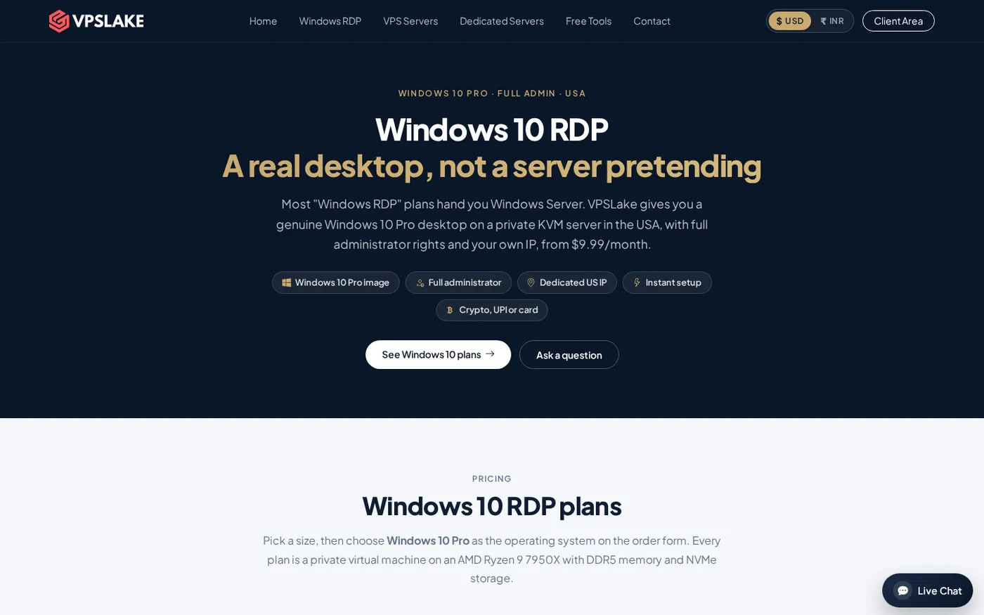 VPSLake Windows 10 RDP product page and plan overview.