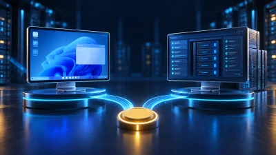 Two glowing computer displays represent a Windows desktop RDP and a Windows Server RDP in a dark datacenter.